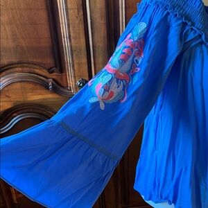 Lilly Pulitzer Blue Off-Shoulder Blouse with Coral Embroidered Arms, NWOT, L